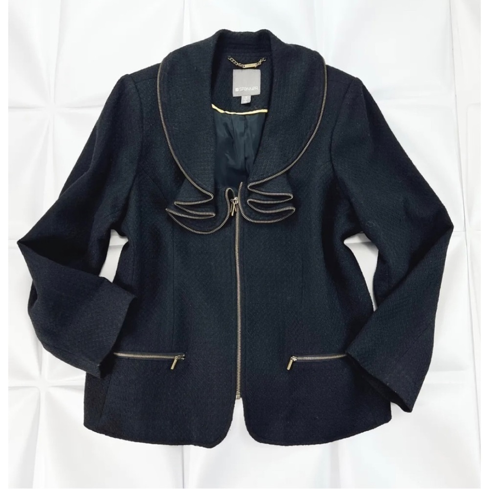 Spanner Sz 16 Black Ruffled Collar Full Zip Up Jacket Light Coat Womens RARE